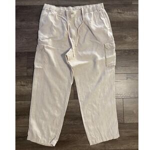 Caribbean Mens Linen Cargo Pants Beige Elastic Drawstring Waist 44‎ x 30 READ